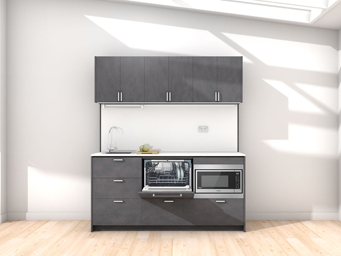 Malta - 1.8m Regular Wall Unit Kitchenette. Displayed with 'Slate' Cabinetry, 'Style White' Benchtop,  and 'Sheer Bliss White' Splashback