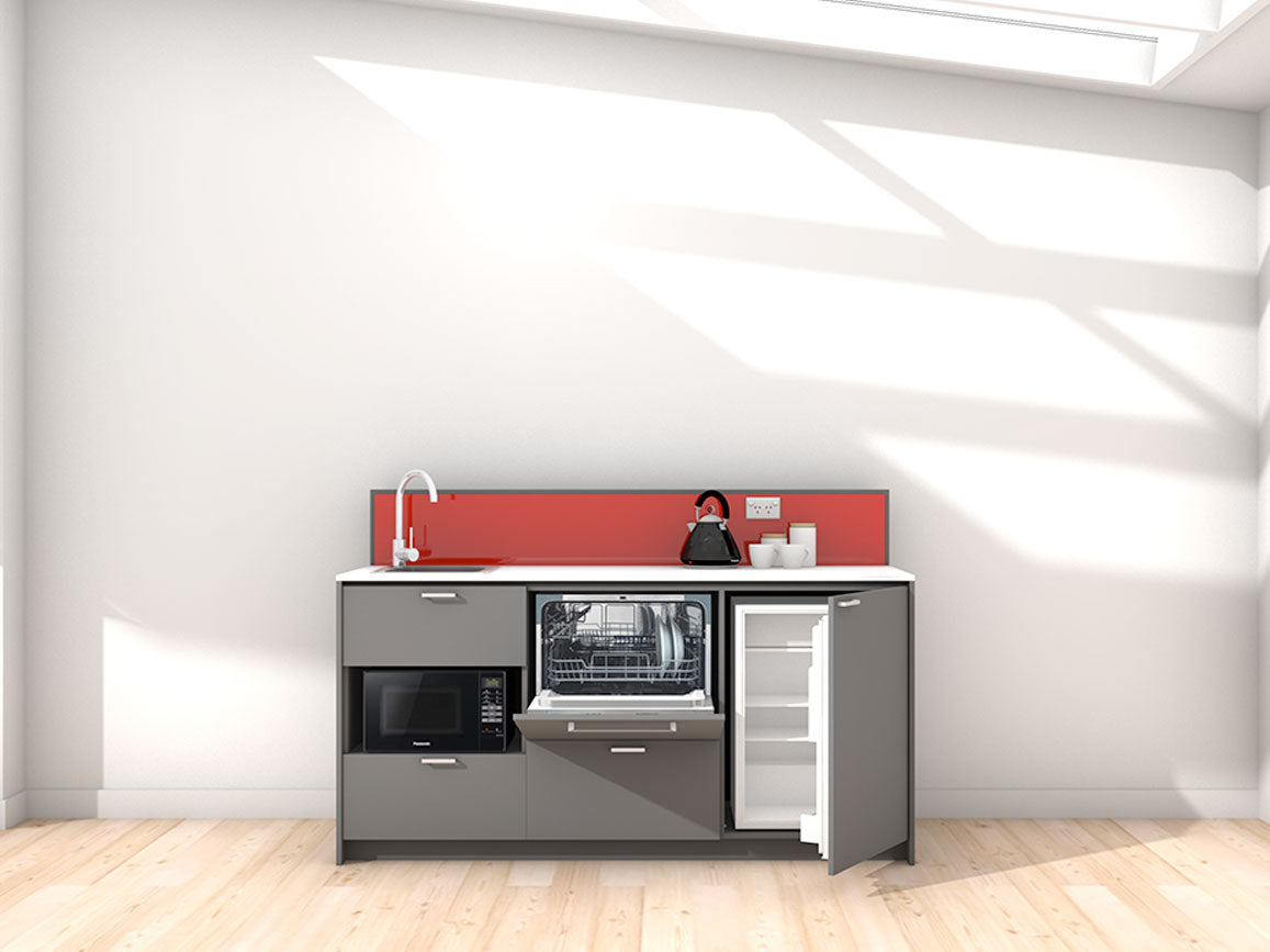 Paris - 1.8m Regular Counter Unit Kitchenette. Displayed with 'Anthracite' Cabinetry, 'Style White' Benchtop, and 'Stiletto' Splashback