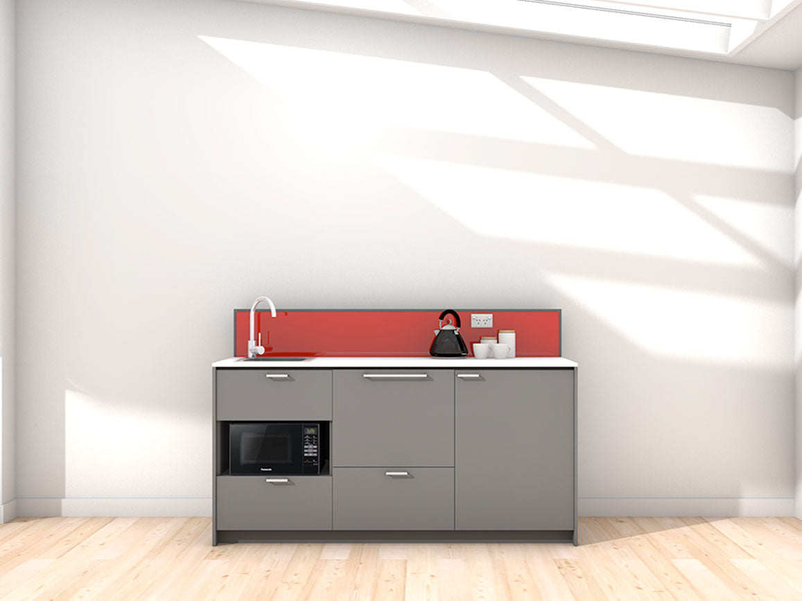 Paris - 1.8m Regular Counter Unit Kitchenette. Displayed with 'Anthracite' Cabinetry, 'Style White' Benchtop, and 'Stiletto' Splashback