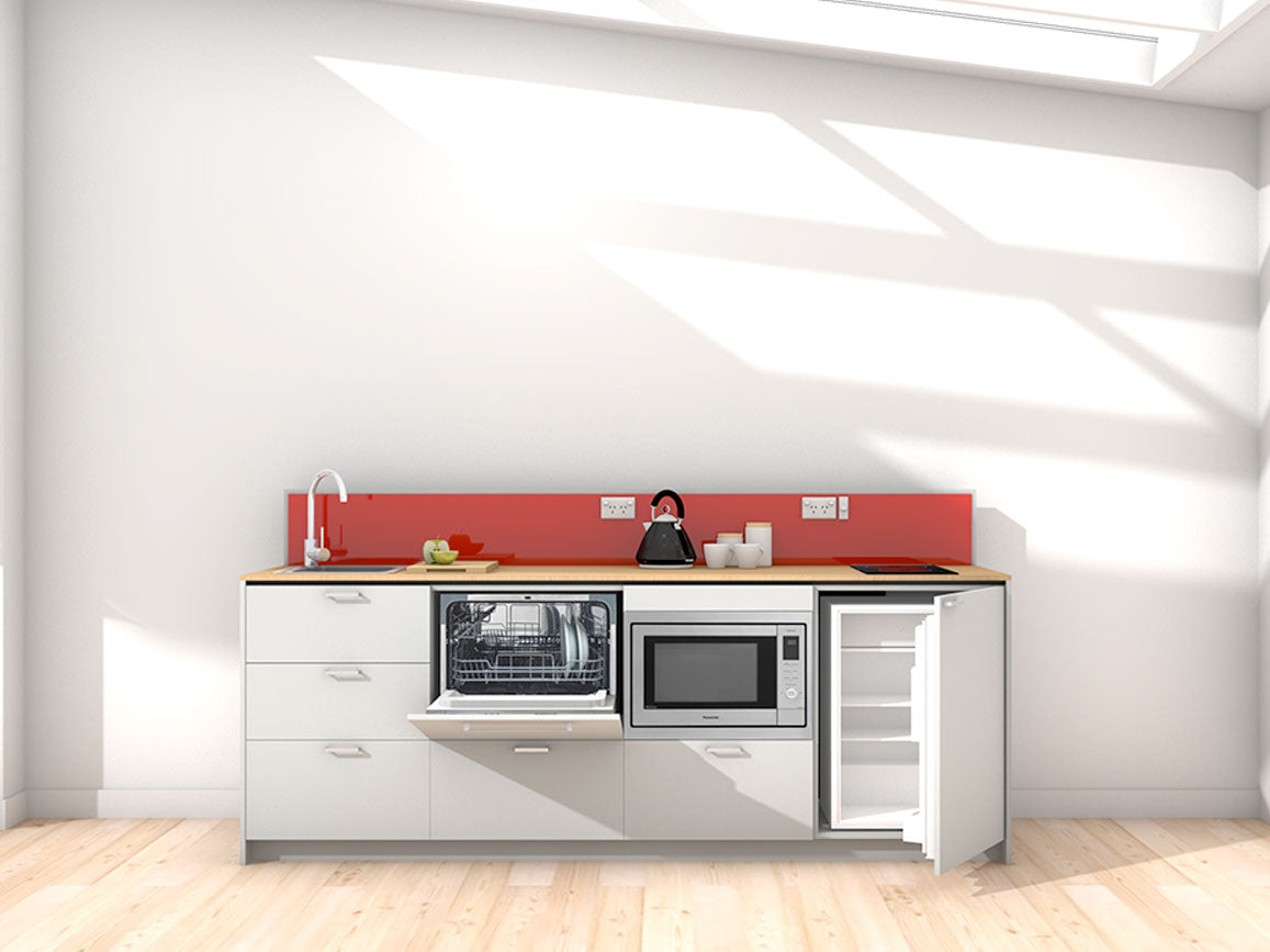 Moana - 2.4m Extended Counter Unit Kitchenette. Displayed with 'Frost Grey' Cabinetry, 'Premium Oak' Benchtop, and 'Stiletto' Splashback