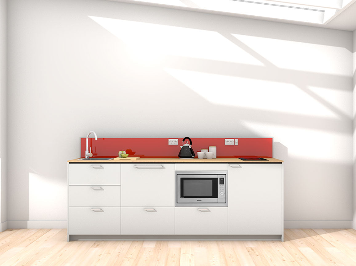 Moana - 2.4m Extended Counter Unit Kitchenette. Displayed with 'Frost Grey' Cabinetry, 'Premium Oak' Benchtop, and 'Stiletto' Splashback