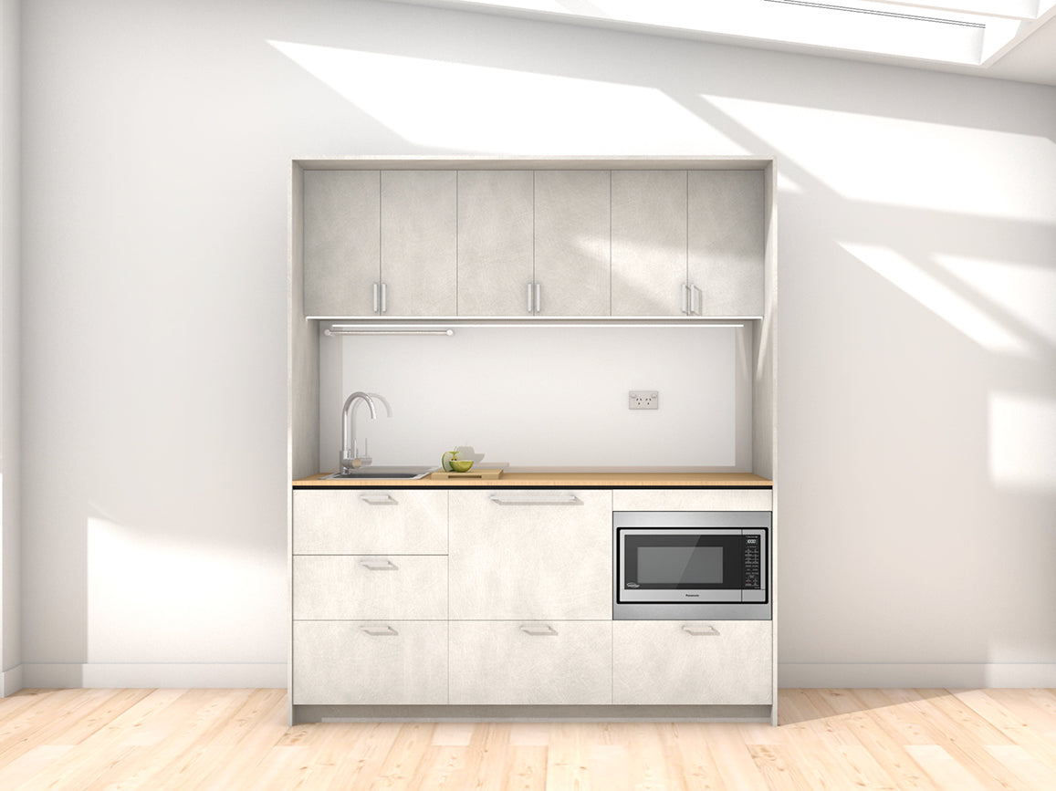 Venice - 1.8m Regular Wall Unit Kitchenette. Displayed with 'Honed Silica' Cabinetry, 'Premium Oak' Benchtop,  and 'Sheer Bliss White' Splashback