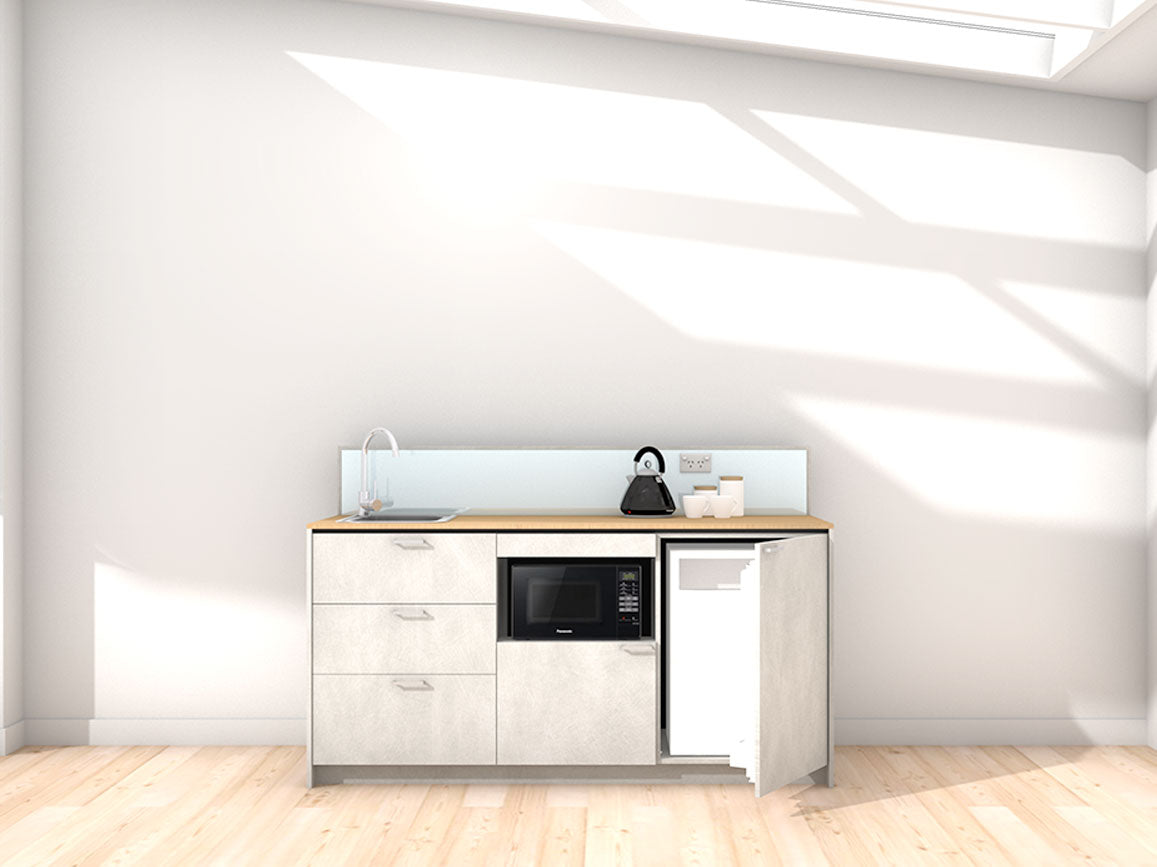 Auckland - 1.8m Regular Counter Unit Kitchenette. Displayed with 'Silica' Cabinetry, 'Premium Oak' Benchtop, and 'Sheer Bliss White' Splashback