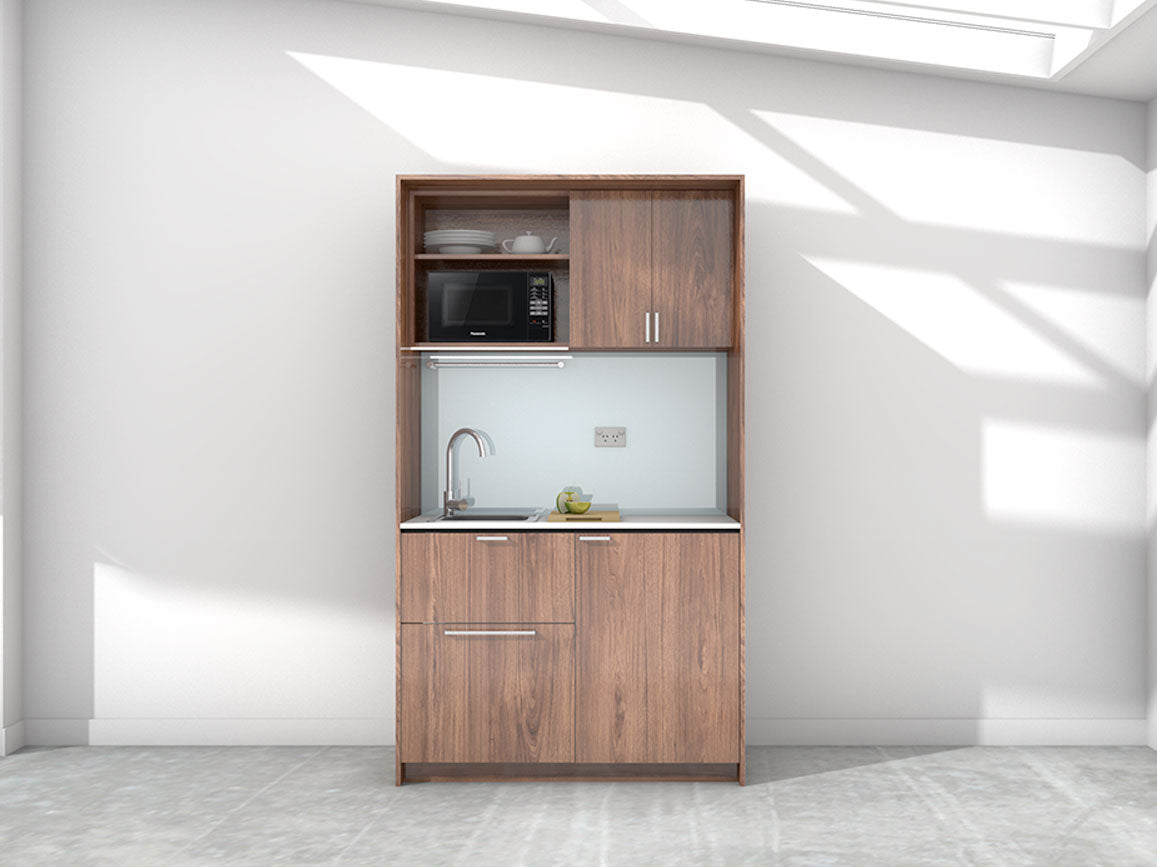 Sadie - 1.2m Compact Wall Unit Kitchenette. Displayed with 'Hickory Walnut' Cabinetry, 'Style White' Benchtop, and 'Whisper Grey' Splashback