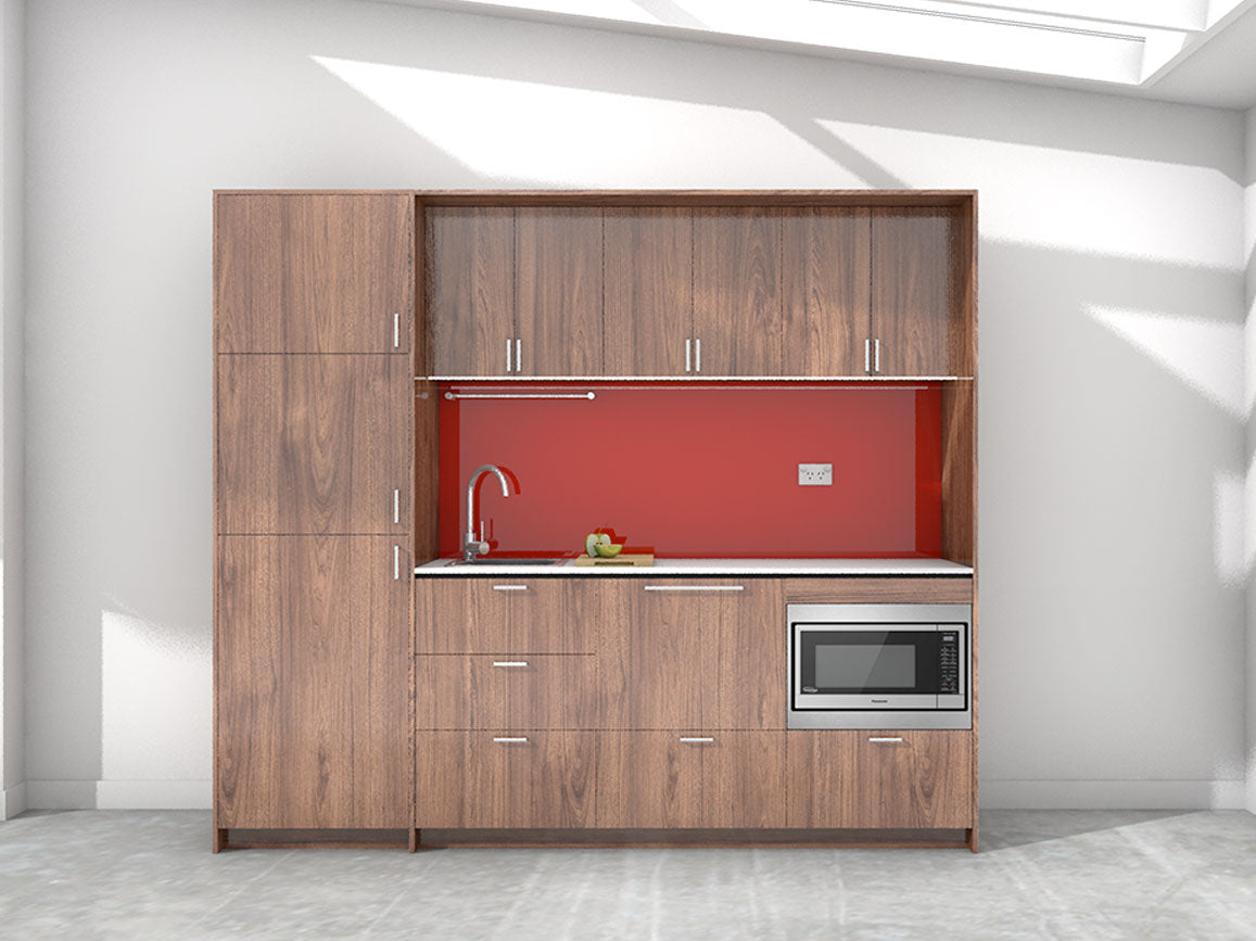 Ariki - 2.45m Extended Wall Unit Kitchenette. Displayed with 'Hickory Walnut' Cabinetry, 'Style White' Benchtop, and 'Stiletto' Splashback