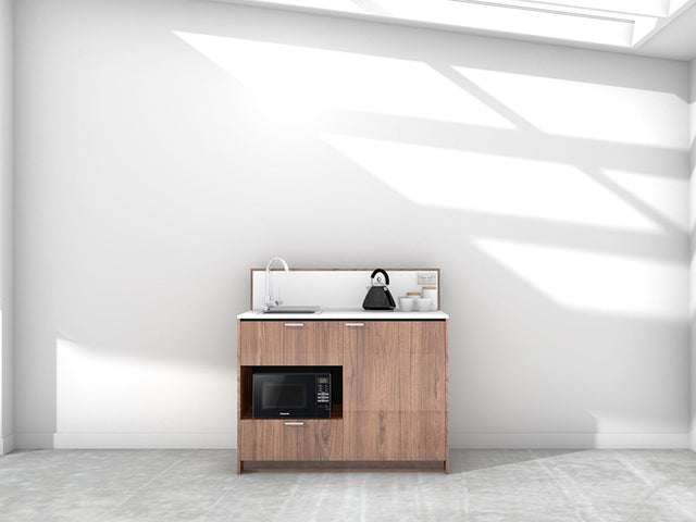 Eve - 1.2m Compact Counter Unit Kitchenette. Displayed with 'Hickory Walnut' Cabinetry, 'Style White' Benchtop, and 'Sheer Bliss White' Splashback