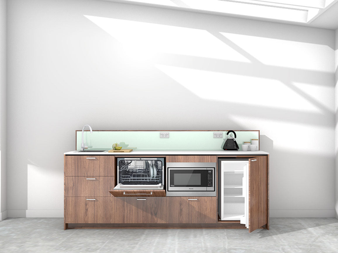 Awa - 2.4m Extended Counter Unit Kitchenette. Displayed with 'Hickory Walnut' Cabinetry, 'Style White' Benchtop, and 'Mint' Splashback