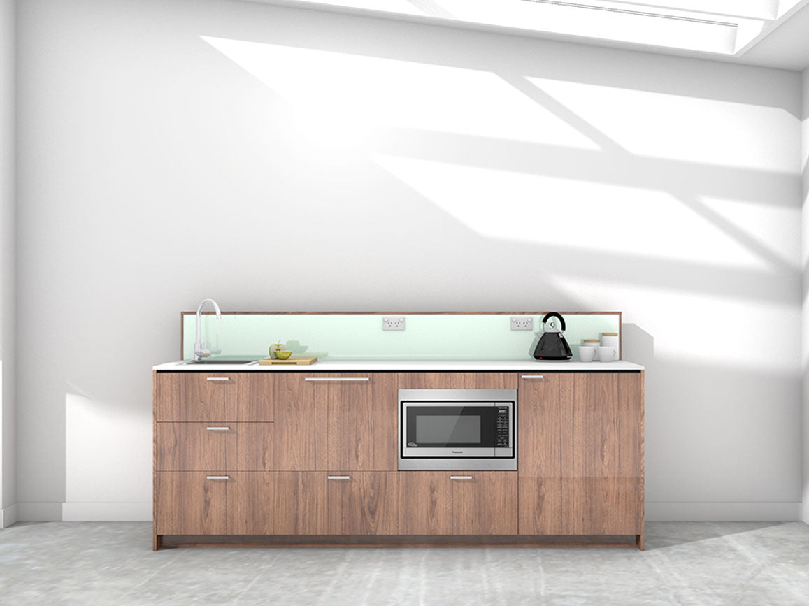Awa - 2.4m Extended Counter Unit Kitchenette. Displayed with 'Hickory Walnut' Cabinetry, 'Style White' Benchtop, and 'Mint' Splashback
