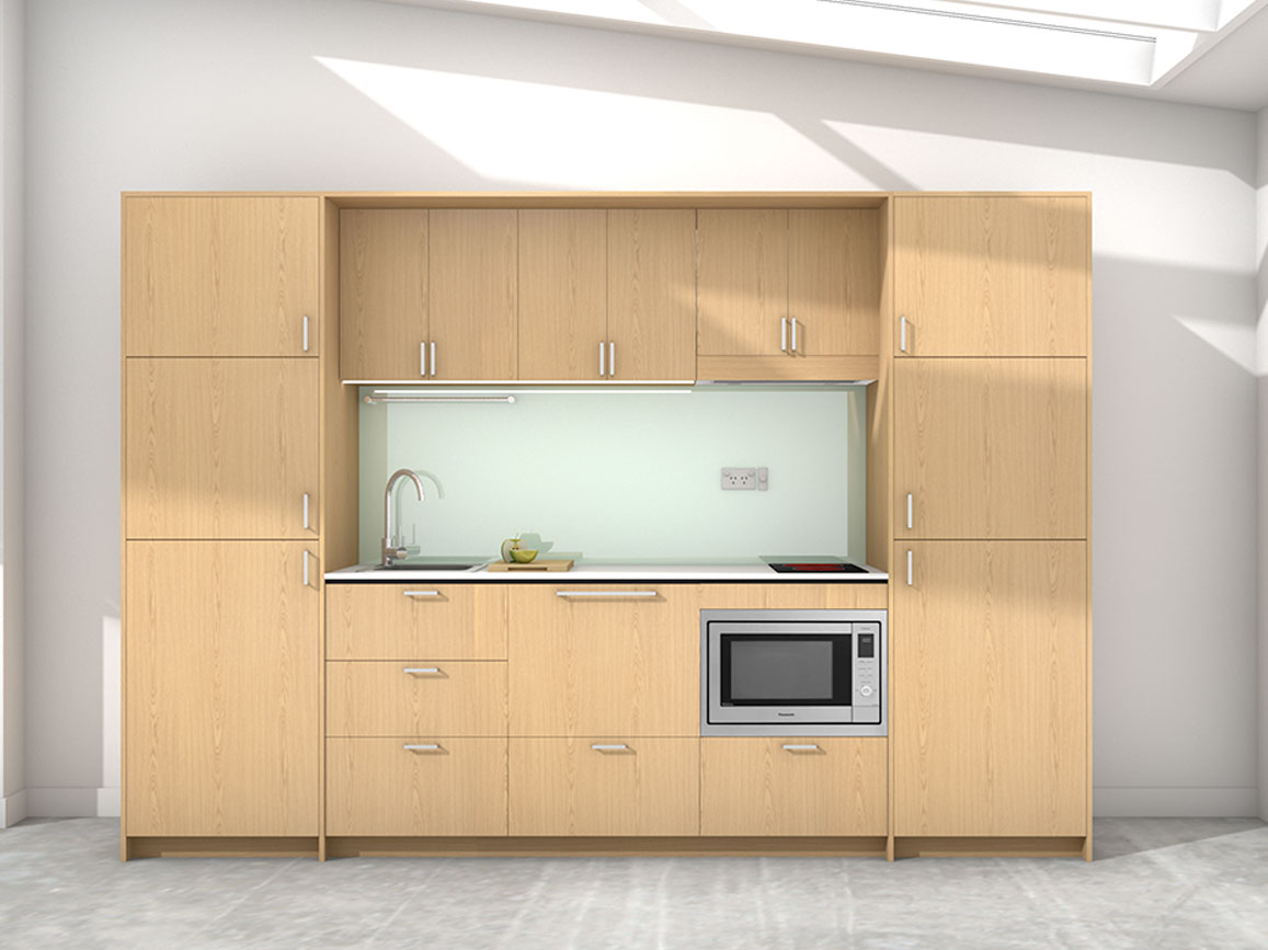 Koha - 2.45m Extended Wall Unit Kitchenette. Displayed with 'Premium Oak' Cabinetry, 'Style White' Benchtop, and 'Mint' Splashback