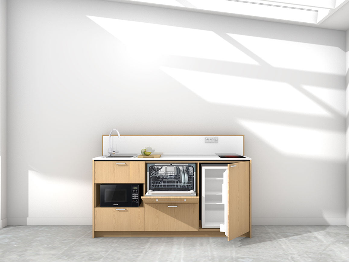 Morocco - 1.8m Regular Counter Unit Kitchenette. Displayed with 'Premium Oak' Cabinetry, 'Style White' Benchtop, and 'Sheer Bliss White' Splashback