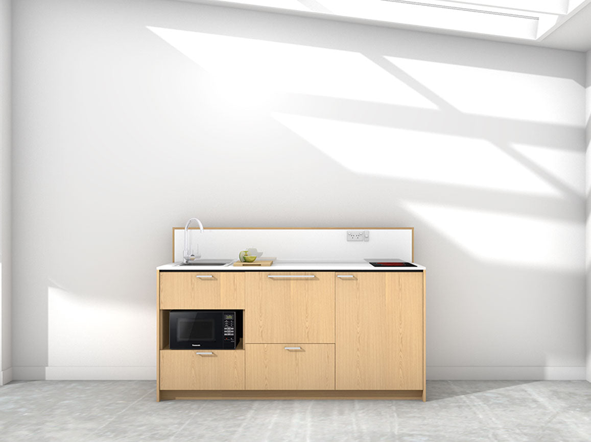 Morocco - 1.8m Regular Counter Unit Kitchenette. Displayed with 'Premium Oak' Cabinetry, 'Style White' Benchtop, and 'Sheer Bliss White' Splashback