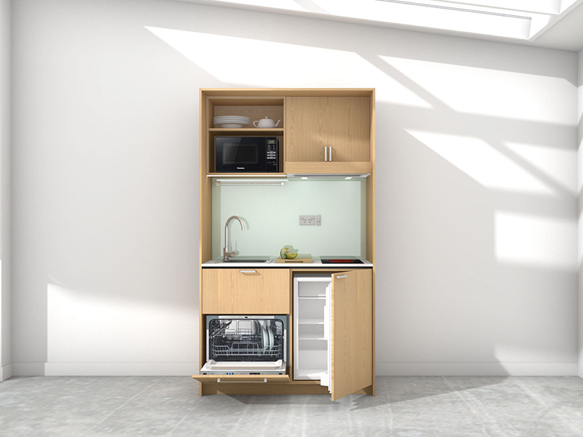 Mica - 1.2m Compact Wall Unit Kitchenette. Displayed with 'Premium Oak' Cabinetry, 'Style White' Benchtop, and 'Mint' Splashback
