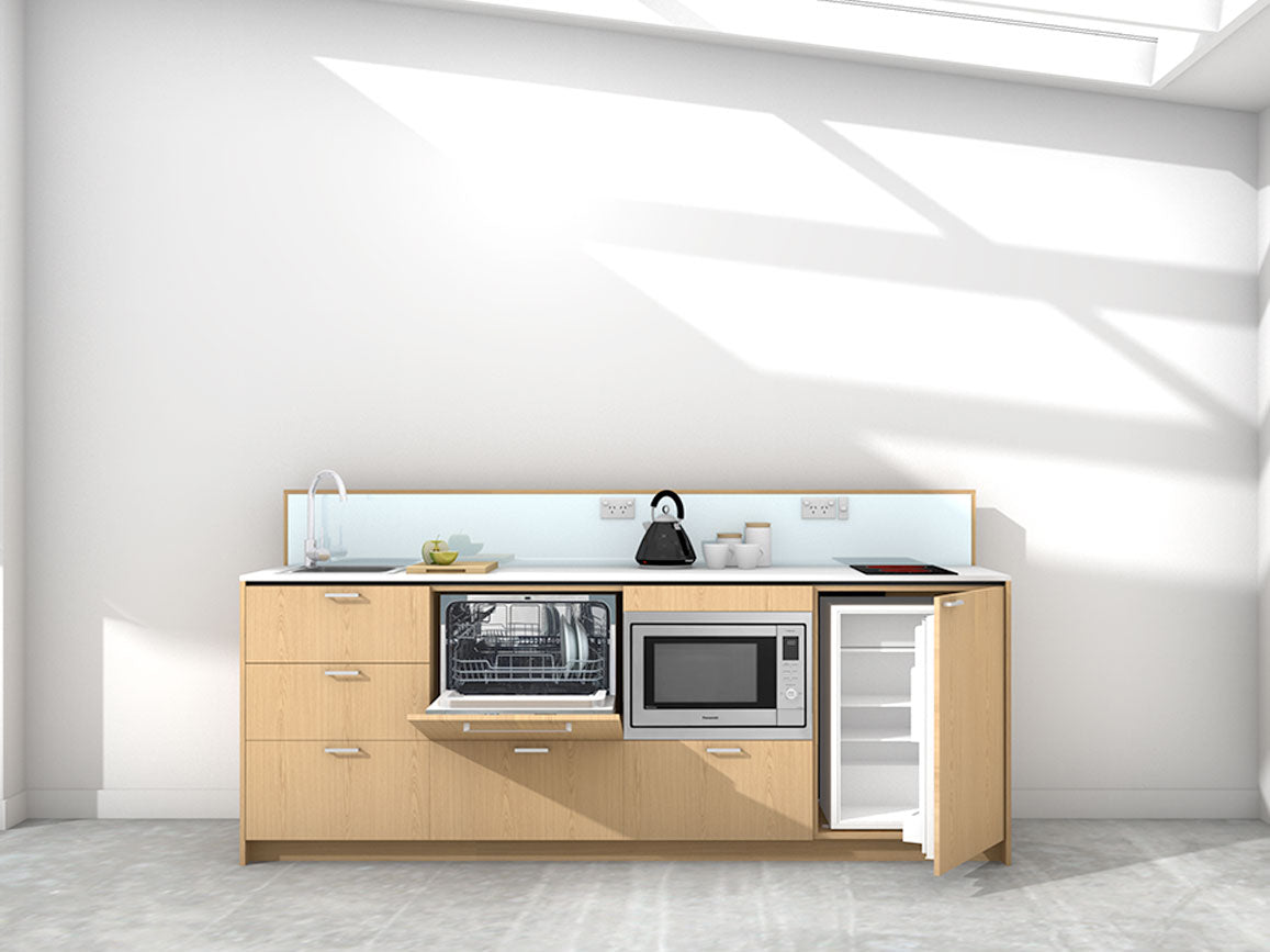 Moana - 2.4m Extended Counter Unit Kitchenette. Displayed with 'Premium Oak' Cabinetry, 'Style White' Benchtop, and 'Mint' Splashback