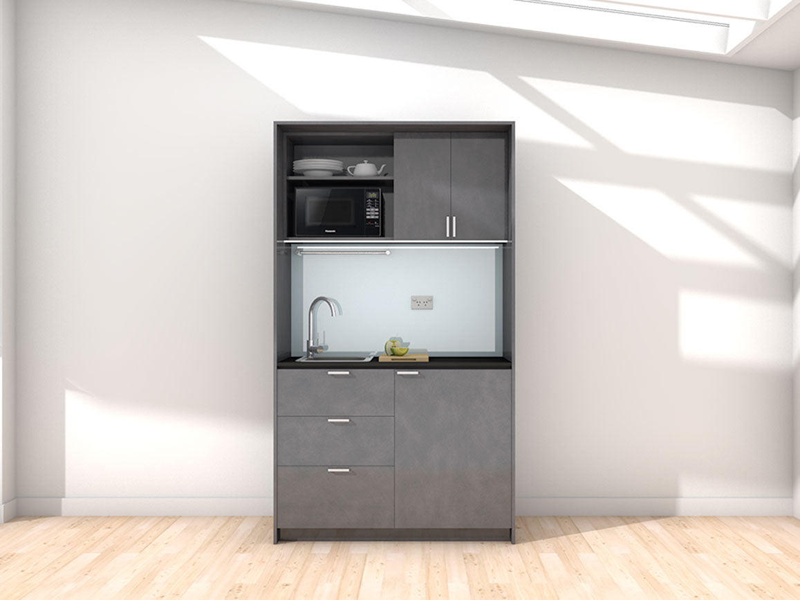 Marla - 1.2m Compact Wall Unit Kitchenette. Displayed with 'Slate' Cabinetry, 'Black' Benchtop, and 'Cascade' Splashback
