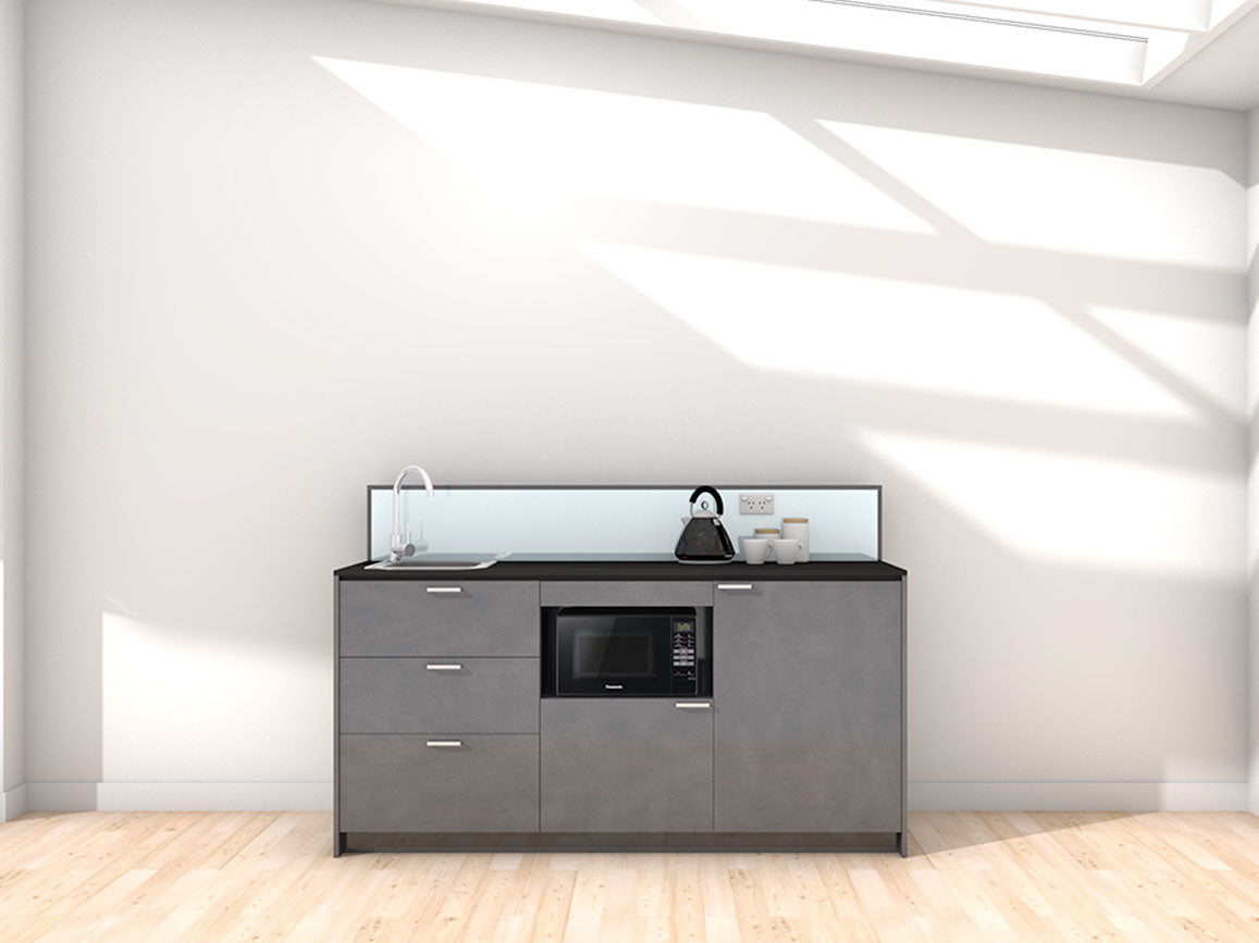 Auckland - 1.8m Regular Counter Unit Kitchenette. Displayed with 'Slate' Cabinetry, 'Black' Benchtop, and 'Sheer Bliss White' Splashback