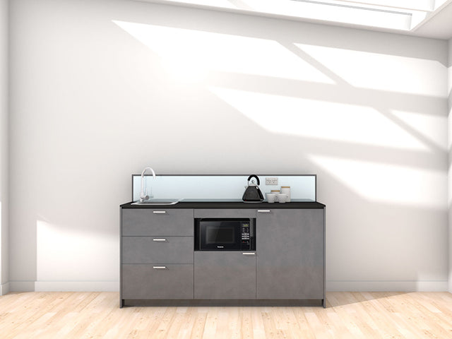 Auckland - 1.8m Regular Counter Unit Kitchenette. Displayed with 'Slate' Cabinetry, 'Black' Benchtop, and 'Sheer Bliss White' Splashback