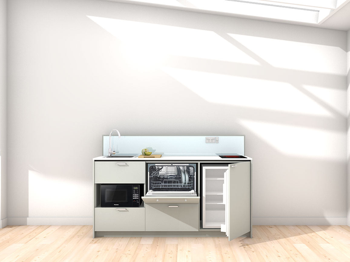 Morocco - 1.8m Regular Counter Unit Kitchenette. Displayed with 'Triple Duck Egg' Cabinetry, 'Style White' Benchtop, and 'Sheer Bliss White' Splashback