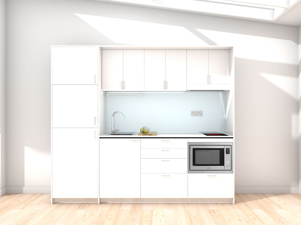 Maui - 2.45m Extended Wall Unit Kitchenette. Displayed with 'White' Cabinetry, 'Style White' Benchtop, and 'Cascade' Splashback