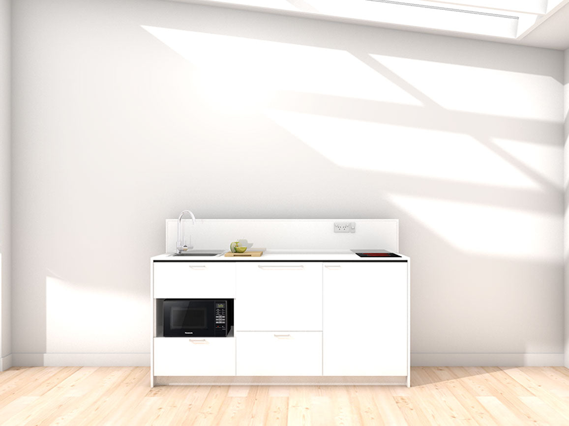 Morocco - 1.8m Regular Counter Unit Kitchenette. Displayed with 'White' Cabinetry, 'Style White' Benchtop, and 'Sheer Bliss White' Splashback