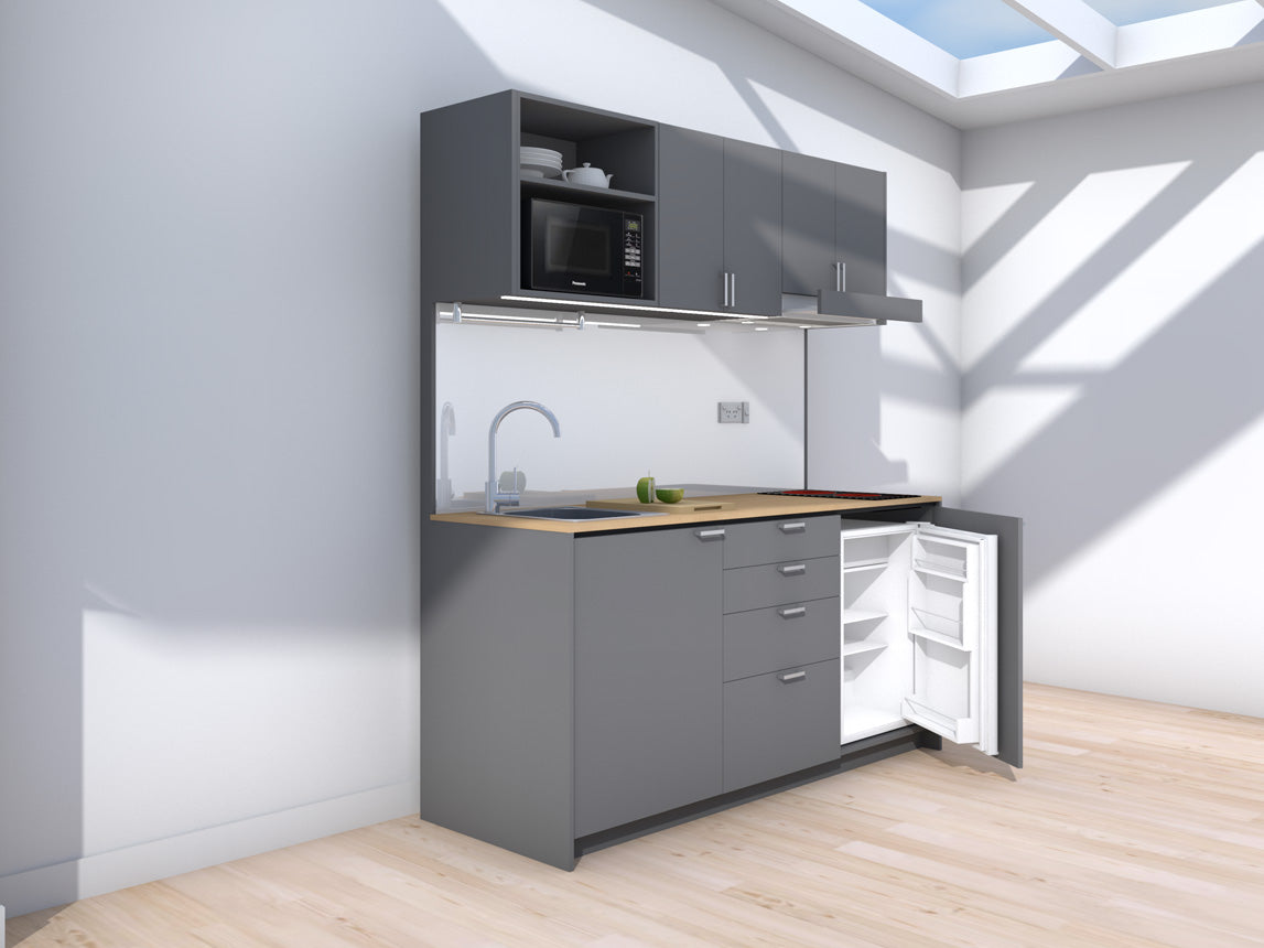 Amsterdam - 1.8m Regular Wall Unit Kitchenette. Displayed with 'Anthracite' Cabinetry, 'Premium Oak' Benchtop,  and 'Sheer Bliss White' Splashback