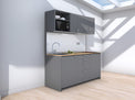 Amsterdam - 1.8m Regular Wall Unit Kitchenette. Displayed with 'Anthracite' Cabinetry, 'Premium Oak' Benchtop,  and 'Sheer Bliss White' Splashback