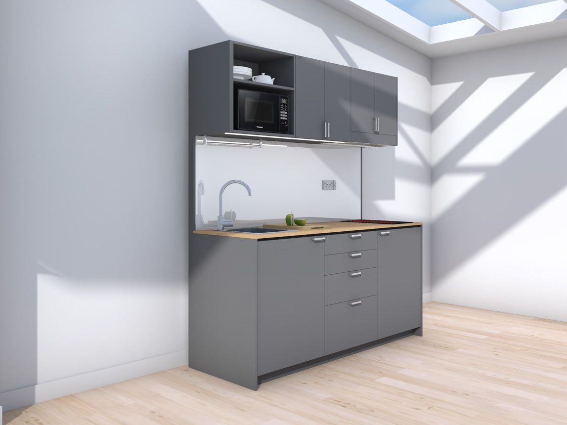 Amsterdam - 1.8m Regular Wall Unit Kitchenette. Displayed with 'Anthracite' Cabinetry, 'Premium Oak' Benchtop,  and 'Sheer Bliss White' Splashback