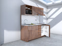 Amsterdam - 1.8m Regular Wall Unit Kitchenette. Displayed with 'Hickory Walnut' Cabinetry, 'White' Benchtop,  and 'Sheer Bliss White' Splashback
