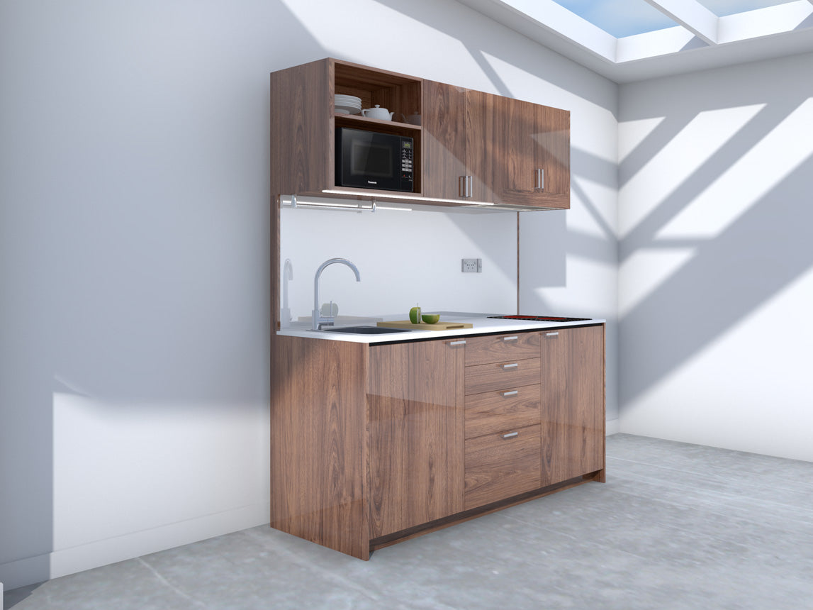 Amsterdam - 1.8m Regular Wall Unit Kitchenette. Displayed with 'Hickory Walnut' Cabinetry, 'White' Benchtop,  and 'Sheer Bliss White' Splashback
