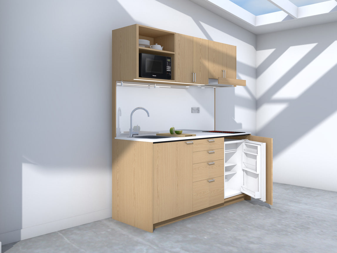 Amsterdam - 1.8m Regular Wall Unit Kitchenette. Displayed with 'Premium Oak' Cabinetry, 'White' Benchtop,  and 'Sheer Bliss White' Splashback