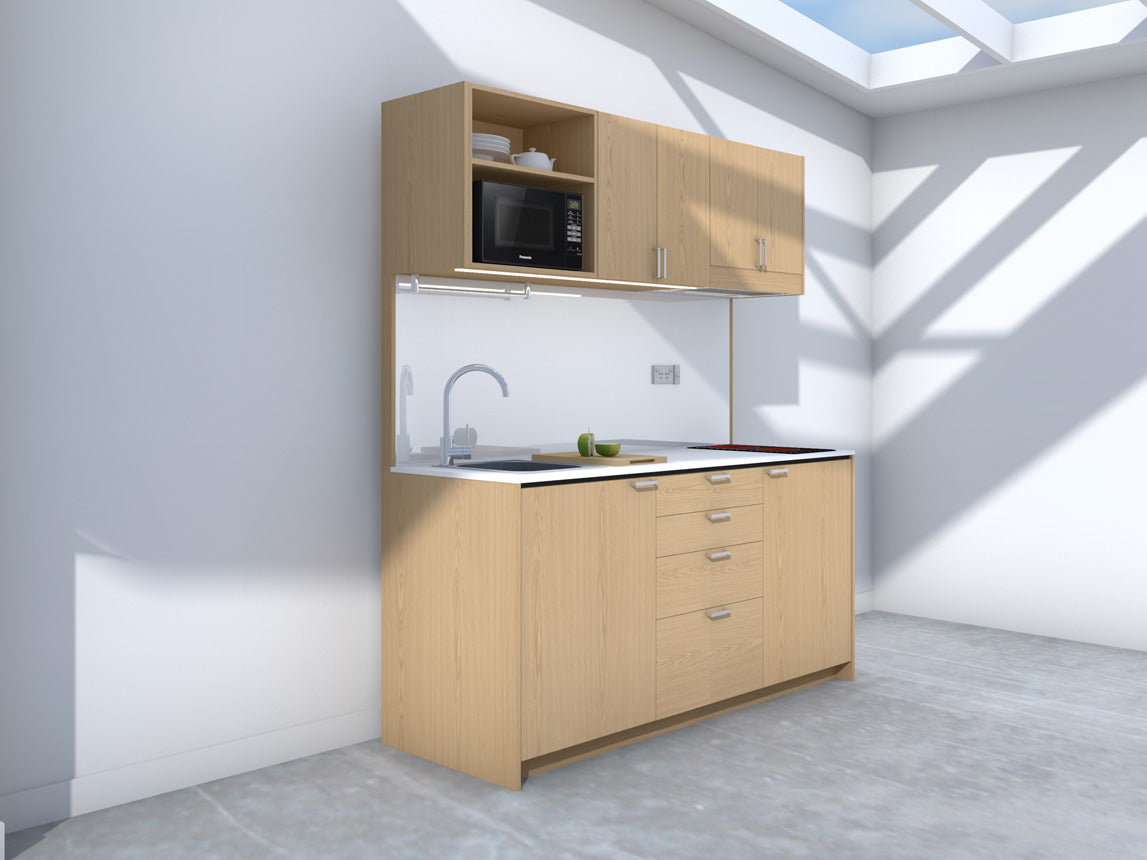Amsterdam - 1.8m Regular Wall Unit Kitchenette. Displayed with 'Premium Oak' Cabinetry, 'White' Benchtop,  and 'Sheer Bliss White' Splashback