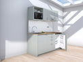 Amsterdam - 1.8m Regular Wall Unit Kitchenette. Displayed with 'Triple Duck Egg' Cabinetry, 'Premium Oak' Benchtop,  and 'Sheer Bliss White' Splashback