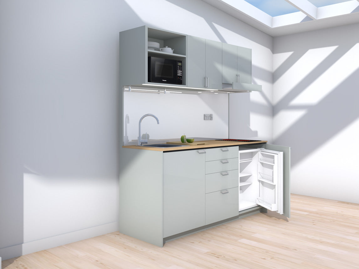 Amsterdam - 1.8m Regular Wall Unit Kitchenette. Displayed with 'Triple Duck Egg' Cabinetry, 'Premium Oak' Benchtop,  and 'Sheer Bliss White' Splashback