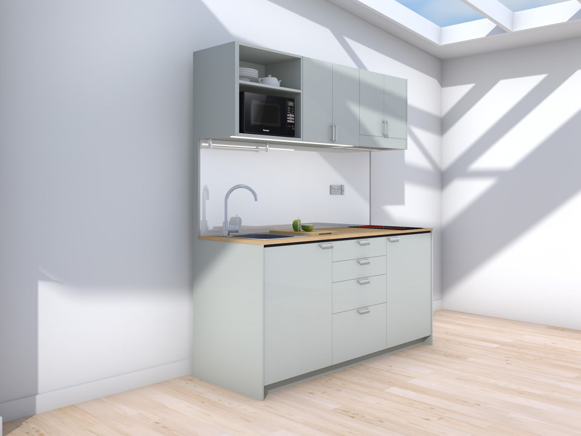 Amsterdam - 1.8m Regular Wall Unit Kitchenette. Displayed with 'Triple Duck Egg' Cabinetry, 'Premium Oak' Benchtop,  and 'Sheer Bliss White' Splashback
