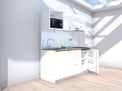 Amsterdam - 1.8m Regular Wall Unit Kitchenette. Displayed with 'White' Cabinetry, 'Premium Oak' Benchtop,  and 'Sheer Bliss White' Splashback