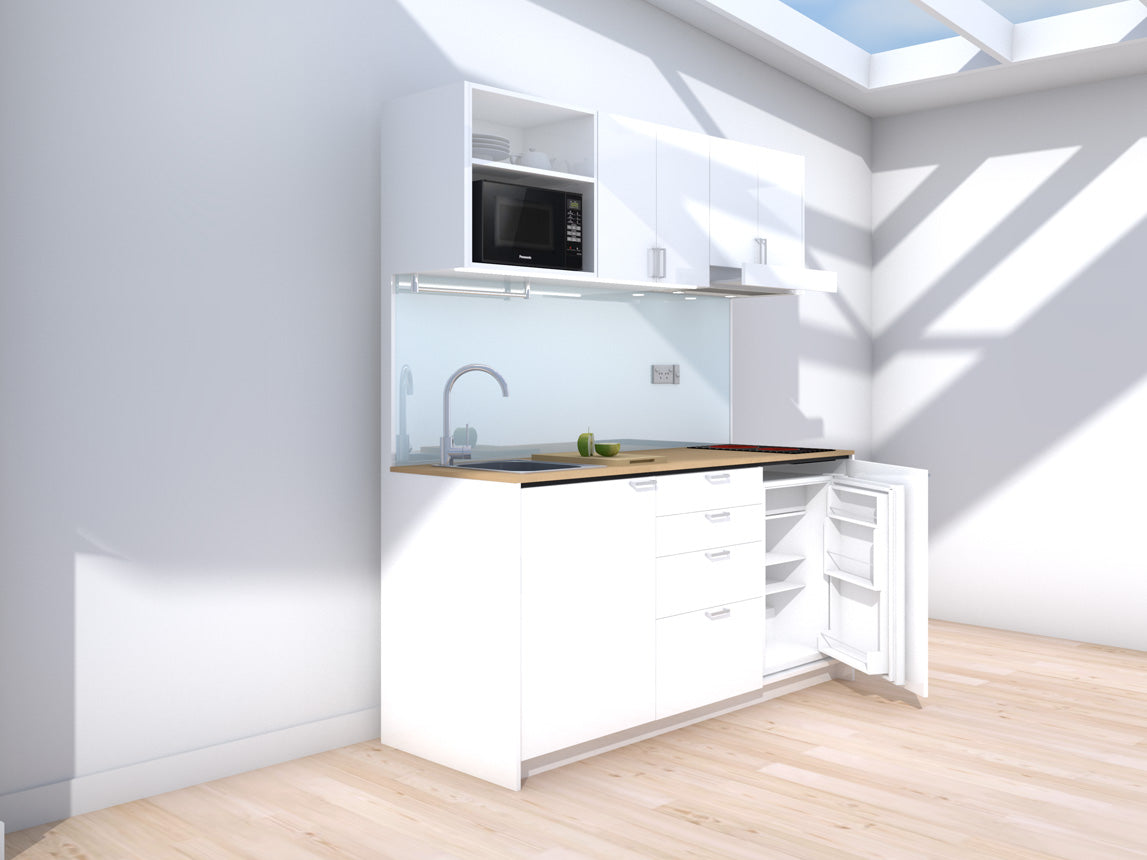 Amsterdam - 1.8m Regular Wall Unit Kitchenette. Displayed with 'White' Cabinetry, 'Premium Oak' Benchtop,  and 'Sheer Bliss White' Splashback