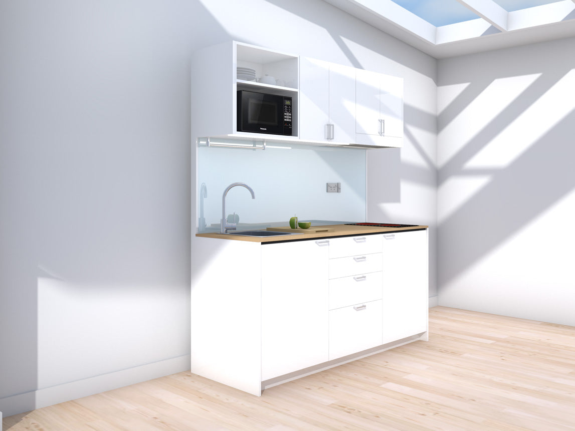 Amsterdam - 1.8m Regular Wall Unit Kitchenette. Displayed with 'White' Cabinetry, 'Premium Oak' Benchtop,  and 'Sheer Bliss White' Splashback