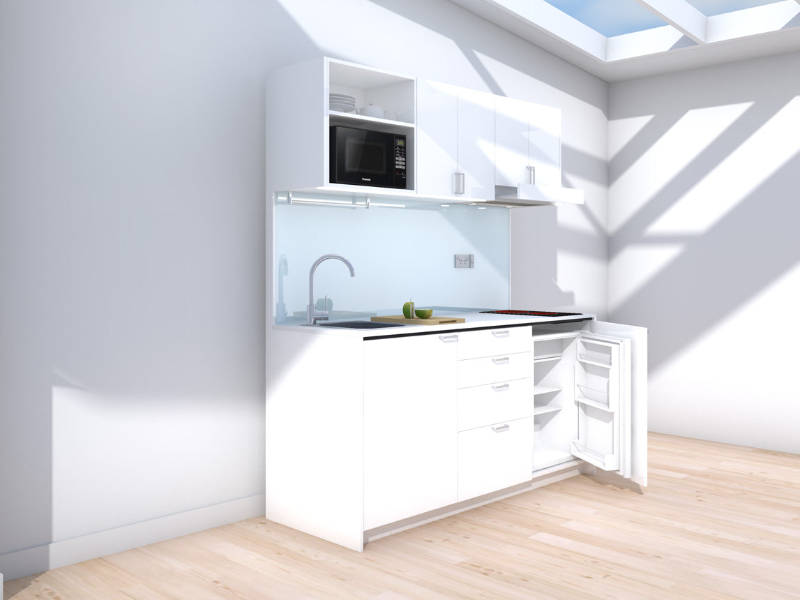 Amsterdam - 1.8m Regular Wall Unit Kitchenette. Displayed with 'White' Cabinetry, 'White' Benchtop,  and 'Sheer Bliss White' Splashback