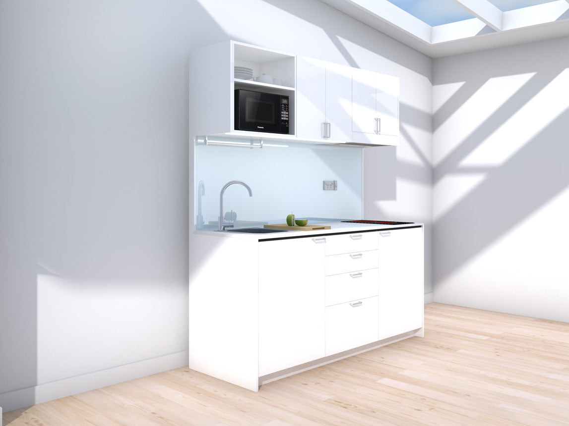 Amsterdam - 1.8m Regular Wall Unit Kitchenette. Displayed with 'White' Cabinetry, 'White' Benchtop,  and 'Sheer Bliss White' Splashback