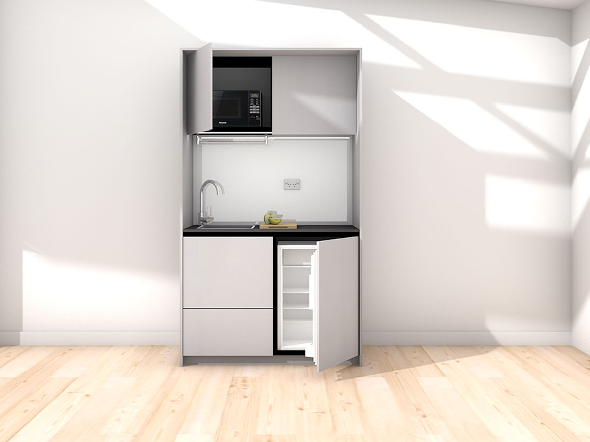 Marla - 1.2m Compact Wall Unit Kitchenette. Displayed with 'Lite Aluminium' Cabinetry, 'Black' Benchtop, and 'Sheer Bliss White' Splashback 
