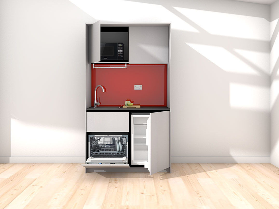Sadie - 1.2m Compact Wall Unit Kitchenette. Displayed with 'Lite Aluminium' Cabinetry, 'Black' Benchtop, and 'Stiletto' Splashback