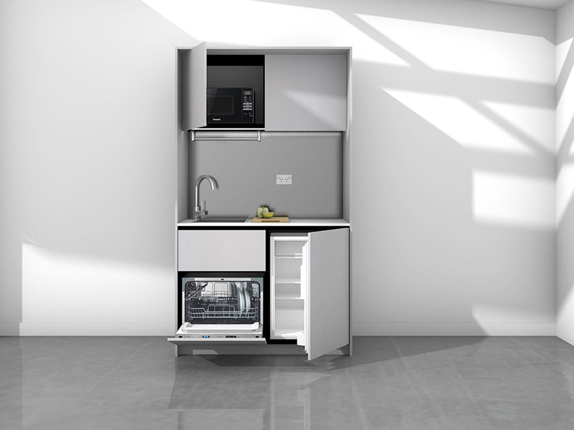 Sadie - 1.2m Compact Wall Unit Kitchenette. Displayed with 'Lite Aluminium' Cabinetry, 'Syle White' Benchtop, and 'Platinum' Splashback