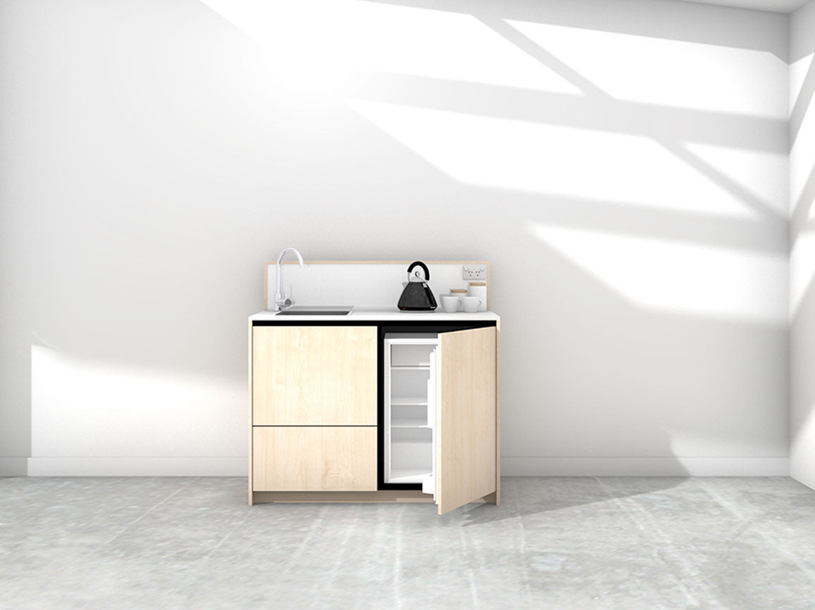 Quinn - 1.2m Compact Counter Unit Kitchenette. Displayed with 'Maple' Cabinetry, 'Style White' Benchtop, and 'Sheer Bliss White' Splashback