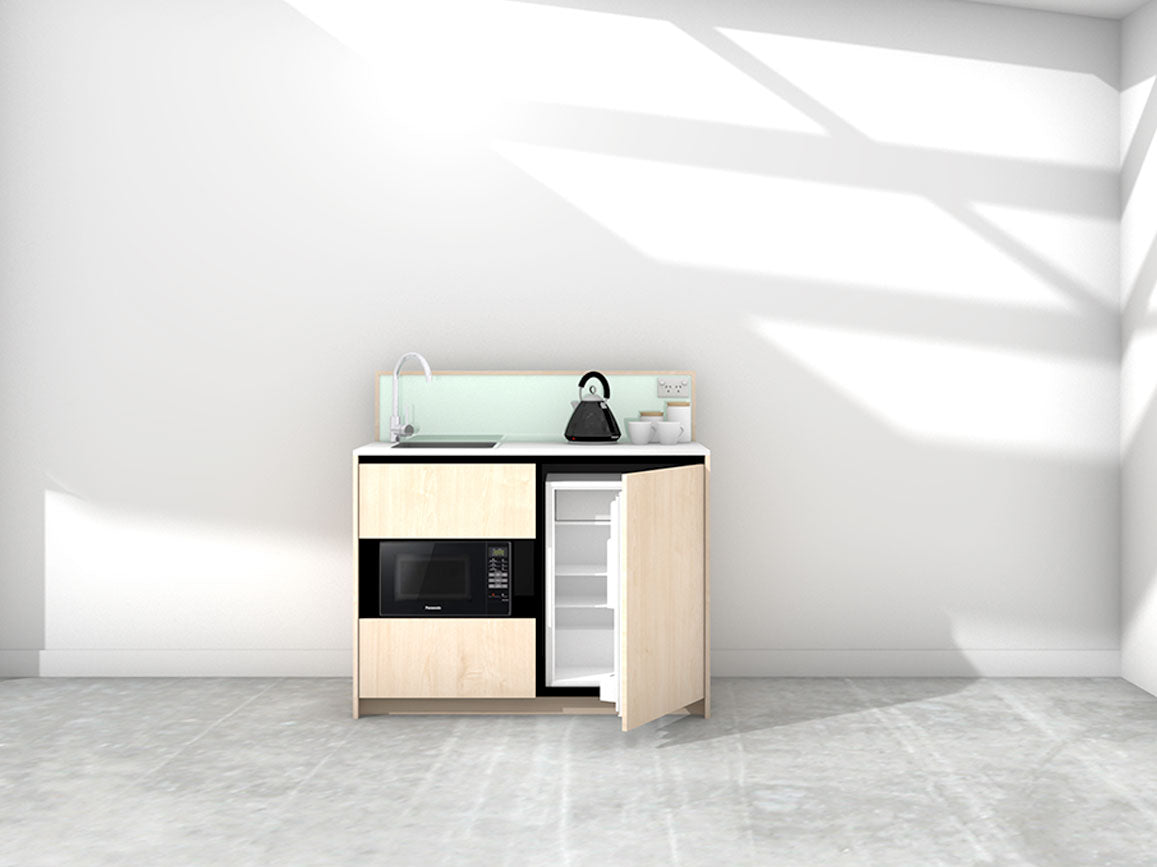 Eve - 1.2m Compact Counter Unit Kitchenette. Displayed with 'Maple' Cabinetry, 'Style White' Benchtop, and 'Mint' Splashback