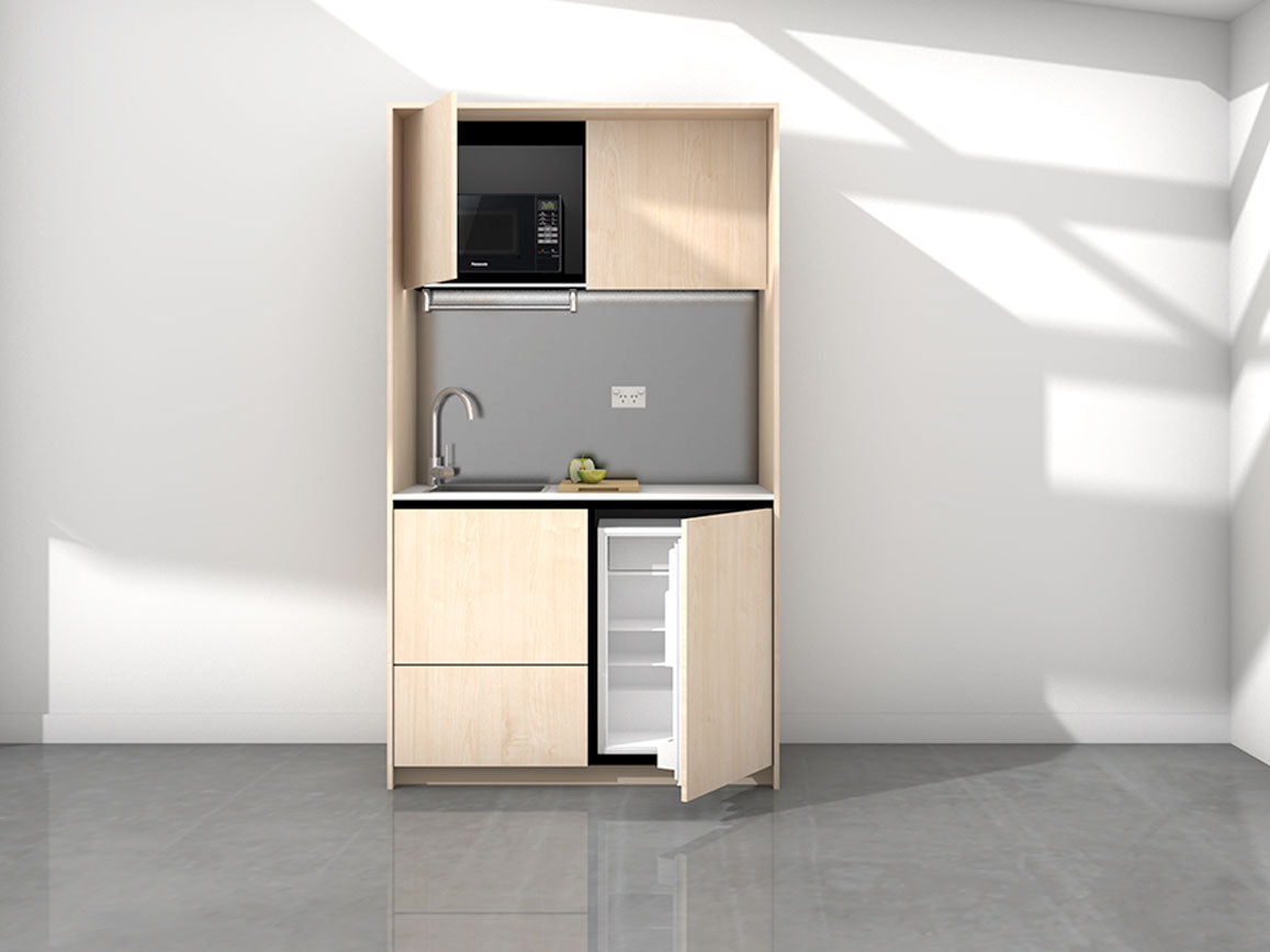 Marla - 1.2m Compact Wall Unit Kitchenette. Displayed with 'Maple' Cabinetry, 'Style White' Benchtop, and 'Whisper Grey' Splashback 