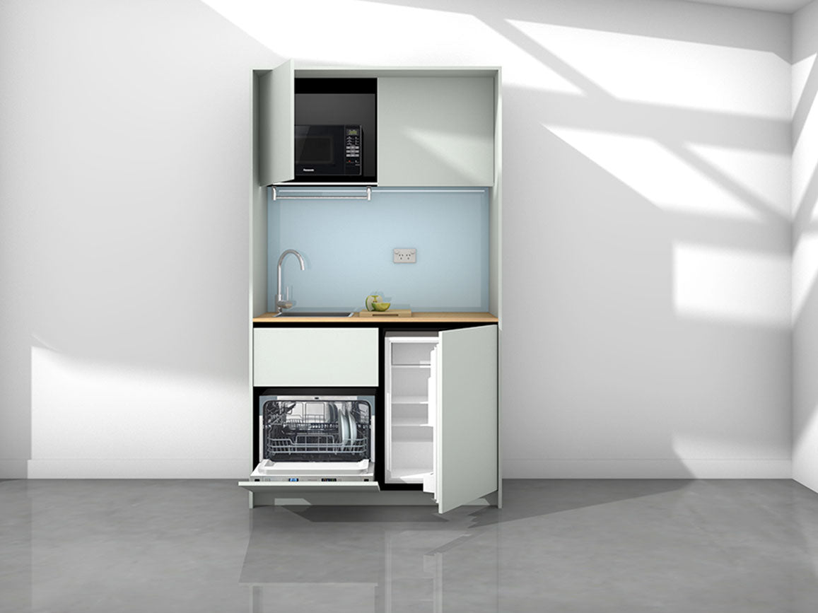Sadie - 1.2m Compact Wall Unit Kitchenette. Displayed with 'Pistachio' Cabinetry, 'Oak' Benchtop, and 'Cascade' Splashback