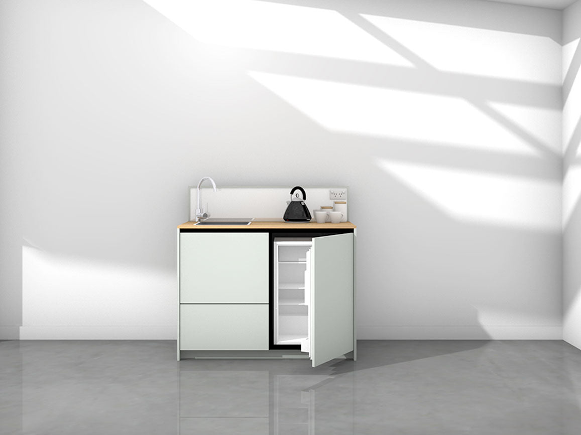 Quinn - 1.2m Compact Counter Unit Kitchenette. Displayed with 'Pistachio' Cabinetry, 'Oak' Benchtop, and 'Sheer Bliss White' Splashback
