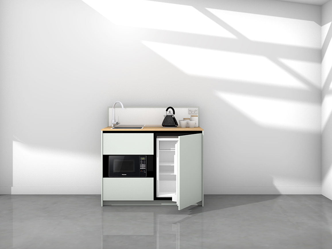 Eve - 1.2m Compact Counter Unit Kitchenette. Displayed with 'Pistachio' Cabinetry, 'Oak' Benchtop, and 'Sheer Bliss White' Splashback
