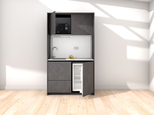 Marla - 1.2m Compact Wall Unit Kitchenette. Displayed with 'Slate' Cabinetry, 'Style White' Benchtop, and 'Sheer Bliss White' Splashback