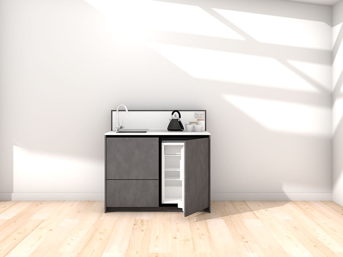 Quinn - 1.2m Compact Counter Unit Kitchenette. Displayed with 'Slate' Cabinetry, 'Style White' Benchtop, and 'Sheer Bliss White' Splashback