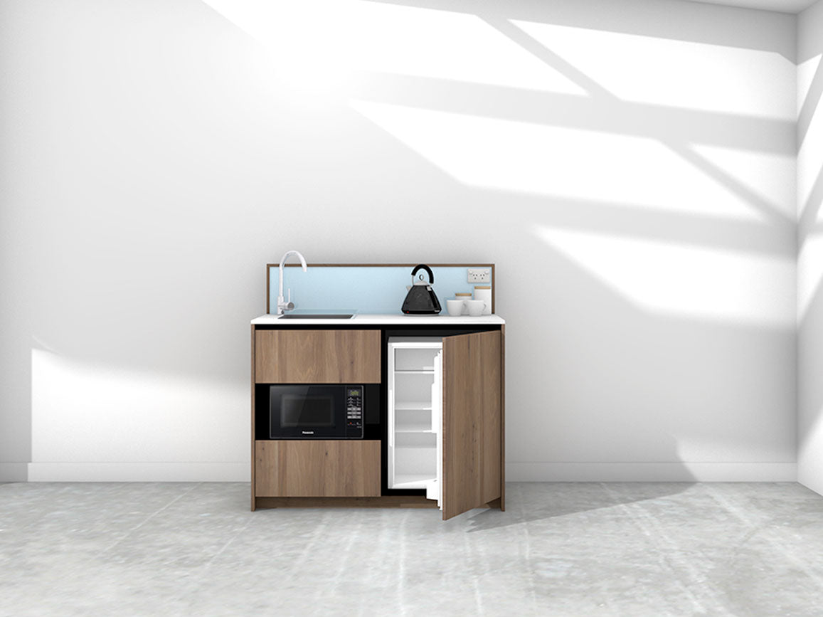 Eve - 1.2m Compact Counter Unit Kitchenette. Displayed with 'Hickory Walnut' Cabinetry, 'Style White' Benchtop, and 'Cascade' Splashback